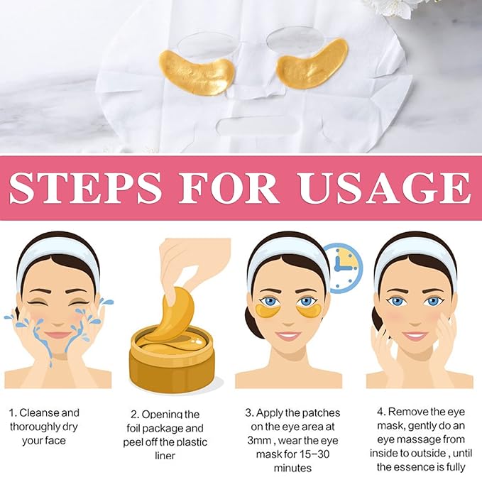 30 Pairs 24K Gold Under Eye Mask,Moisturising Under Eye Patches for Women,Crystal Collagen Eye Gel Pads for Reducing Fine Lines,Puffy Eyes and Dark Circles Under Eye Bags Treatments(Gold)