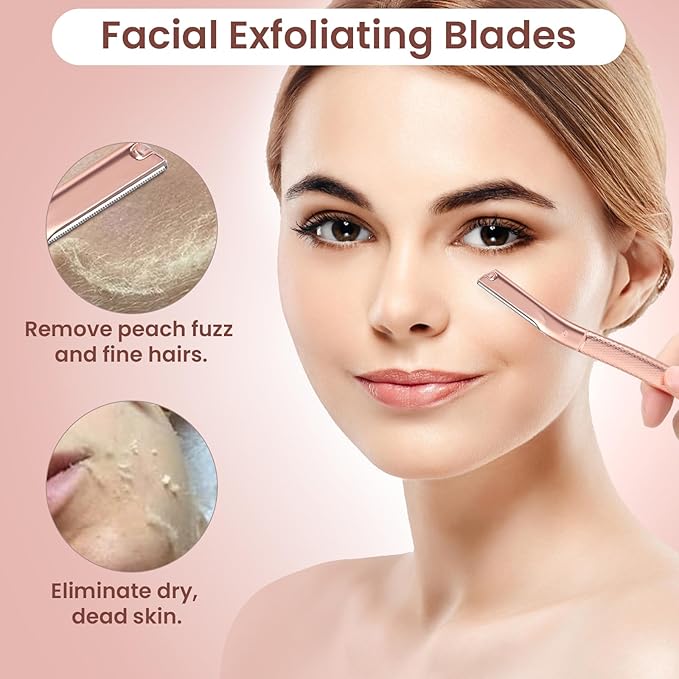 Face Razor for Women, Dermaplane Razor for Women Face Metal for Arm Armpit Leg Peach fuzz (A1-Rose Gold (12 replaced blades))