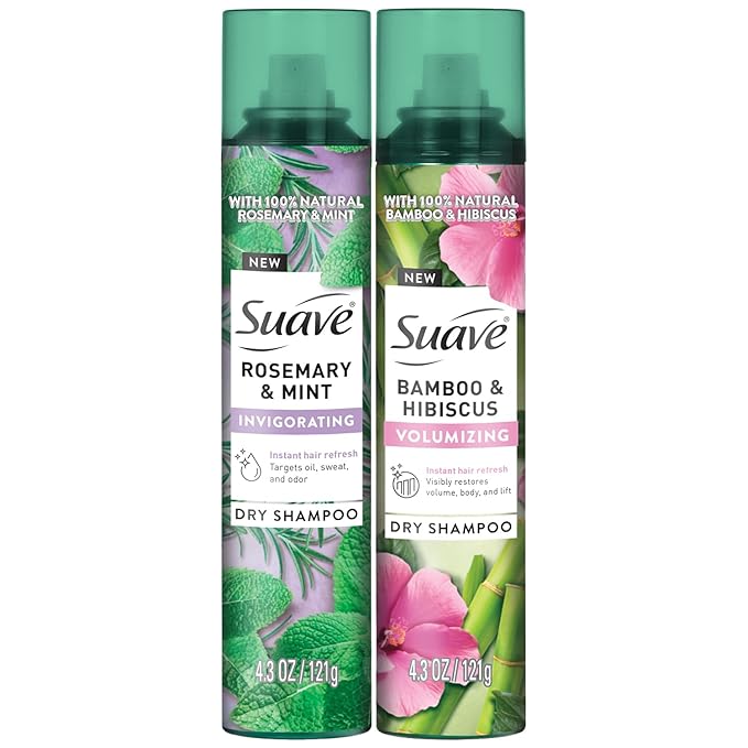 Suave+ Dry Shampoo Spray Variety 2-Pack – Invigorating Rosemary & Mint + Volumizing Bamboo & Hibiscus, 4.3 Oz Ea