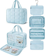 BAGSMART Travel Toiletry Bag with Jewelry Organizer, Hanging Travel Bag for Toiletries, Puffy Makeup Cosmetic Bag Organizer, Carry-on Travel Accessories Essentials, Light Blue-L