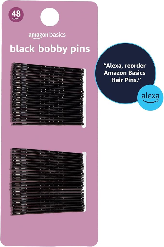 Amazon Basics Bobby Pins, Black Hair Pins for all Hair types, 48 Count