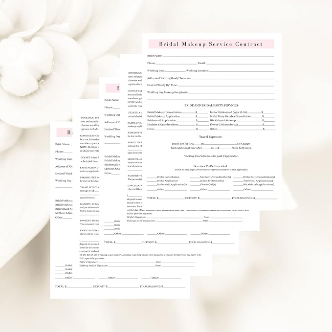 Bridal Makeup Service Contract | 100 Pack | 8.5 x 11" A1 Forms | Makeup Artist Supplies | Bridal Contract | White and Pink Forms