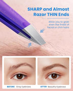 Expert Slant Tip Tweezers with Leather Travel Case, GlamTweeler Sharp & Precision Stainless Steel Tweezer for Eyebrows, Facial Hair and Fine Hairs Removal (Sparkle Deep Violet & Lavender)