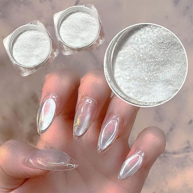 2Pcs Pearl Chrome Nail Powder - Ice Transparent Aurora, White Chameleon Iridescent Pigment for Nails - High Gloss Pearlescent Glitter (2pc White)