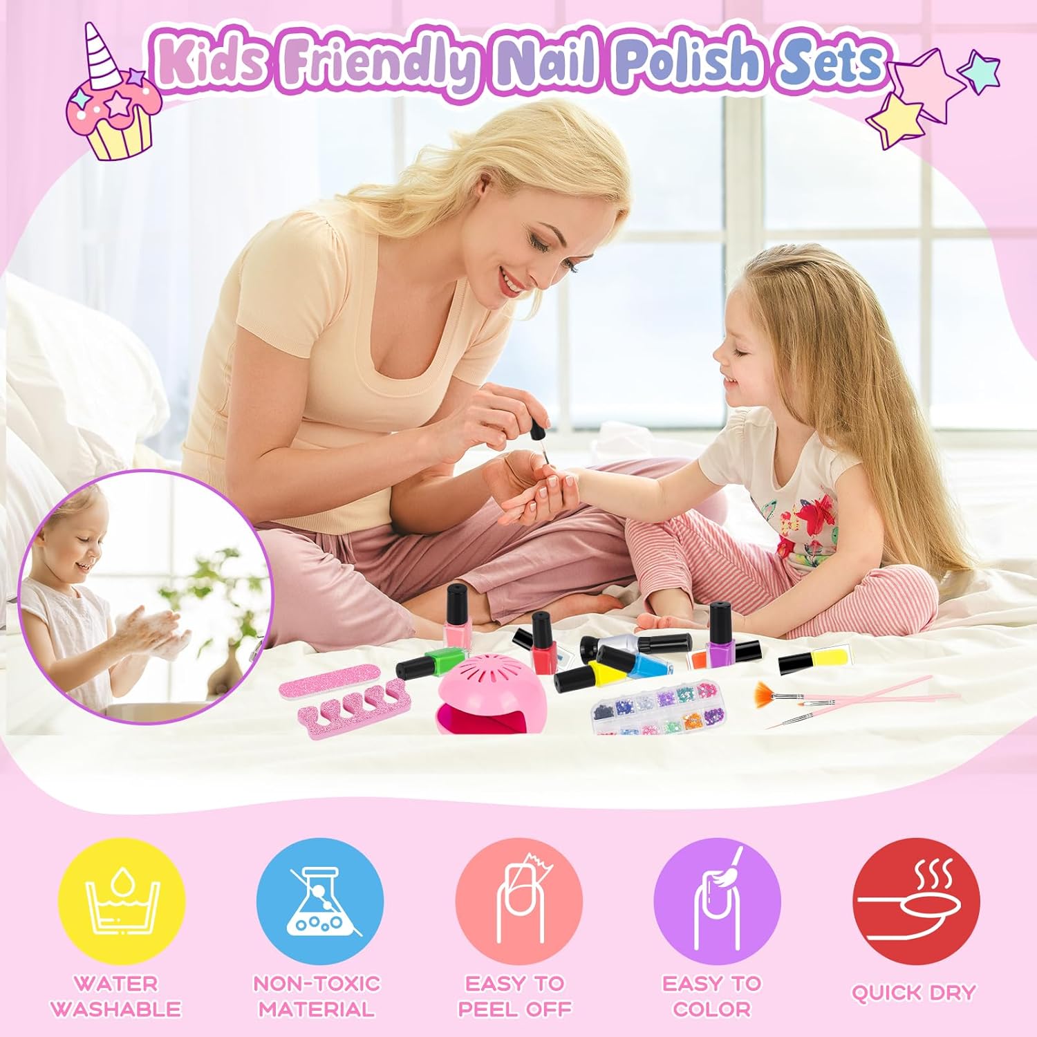 Kids Nail Polish Set for Girls, 28Pcs Nail Art Kit with Nail Dryer, Non-Toxic Peel-Off Water-Based Nail Polish Christmas Birthday Gifts Toddlers Kids Girls Toys Ages 3 4 5 6 7 8+