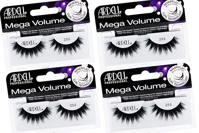 Ardell Mega Volume 255 False Eyelashes - Extra Full, 3D Layered Wispy Lashes with NeverFlat Curl Technology - Reusable False Strip Lashes, 4 Pairs