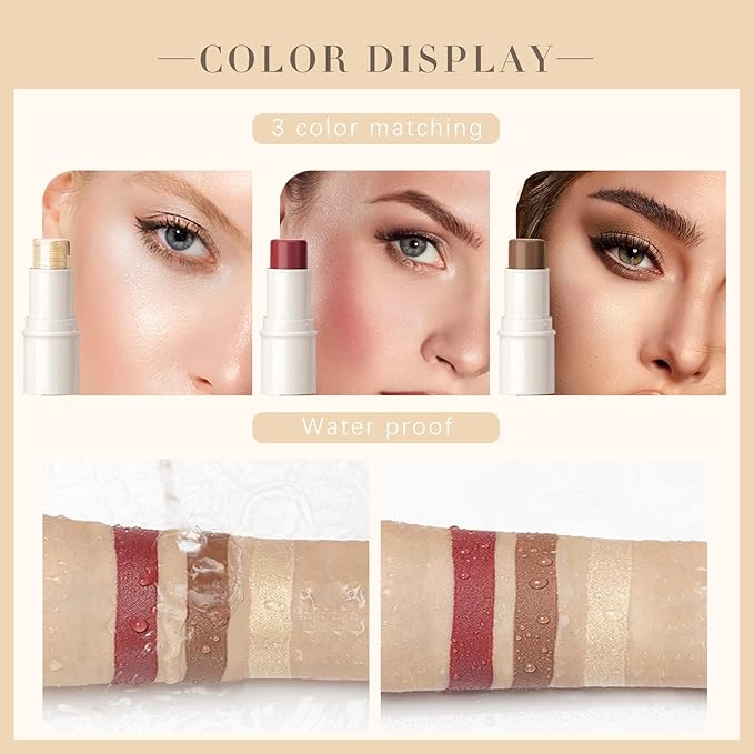 3 Colors Highlilghter Contour Blush Sticks Creamy Sticks for Cheeks, Eyes Cosmetics Stick Set, 3 in 1 Long Lasting Waterproof Moisturizer Makeup Sticks for All Skin