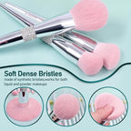 Bueart Design Elegant pink Ultra soft labeled Makeup Brushes Sets with Brush Holder makeup brush set with Foundation Powder blush blending contour Brush (15Pcs Silver Pink+Holder)