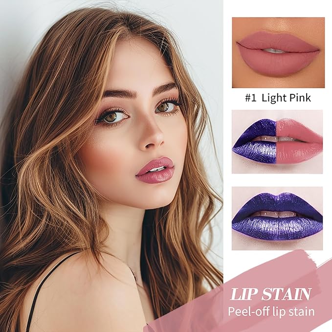 Peel-Off Lip Tint - Tattoo Lip Stain Kit, Long-Lasting Matte Finish, Moisturizing Peel-Off Lip Mask, Waterproof & Smudge-Proof, 24H Color Hold (#1 Light Pink, 1)