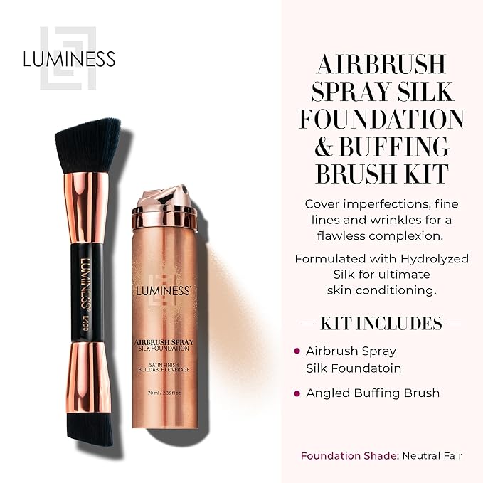 LUMINESS Silk Airbrush Spray Foundation & Buffing Brush Kit – Full Coverage Foundation & Dual-Sided Buffing Brush - Buildable Coverage, Anti-Aging Formula Hydrates & Moisturizes - Neutral Fair
