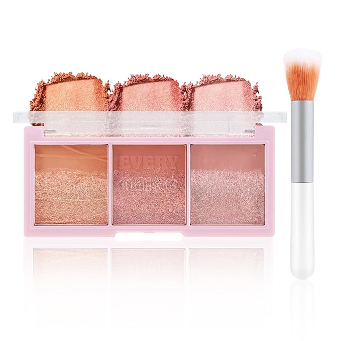 3 Colors Blush Palette，Blush Powder for Cheeks Makeup，Glitter Blusher with Brush，Long Wear，Highly Pigmented