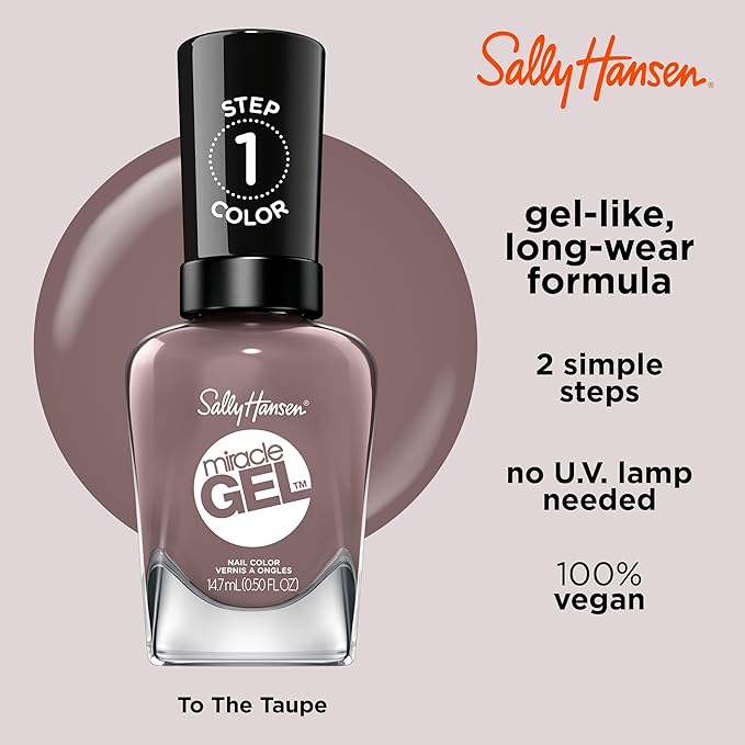 Sally Hansen Miracle Gel, To the Taupe, Long Lasting, Gel-Like Formula, No UV Lamp Needed, Opaque, Creme Taupe Nail Polish
