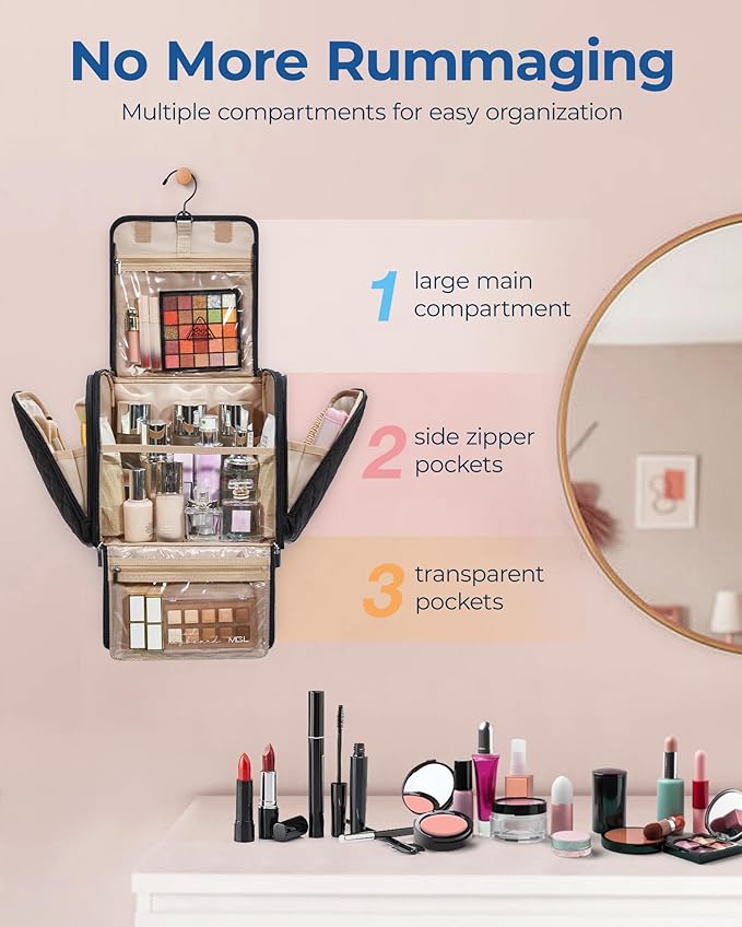 BAGSMART Hanging Travel Toiletry Bag, Large Capacity Water-resistant Cosmetic Organizer with Handle for Brushes Accessories, Black