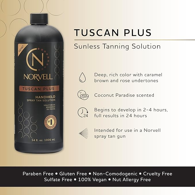 Norvell Tuscan Plus Sunless Tanning Solution, Caramel Brown and Rose Tan, 34 fl oz – Professional Spray Tan Solution for Spray Tan Machine – Unleash Confidence with Instant, Long-Lasting Natural Color