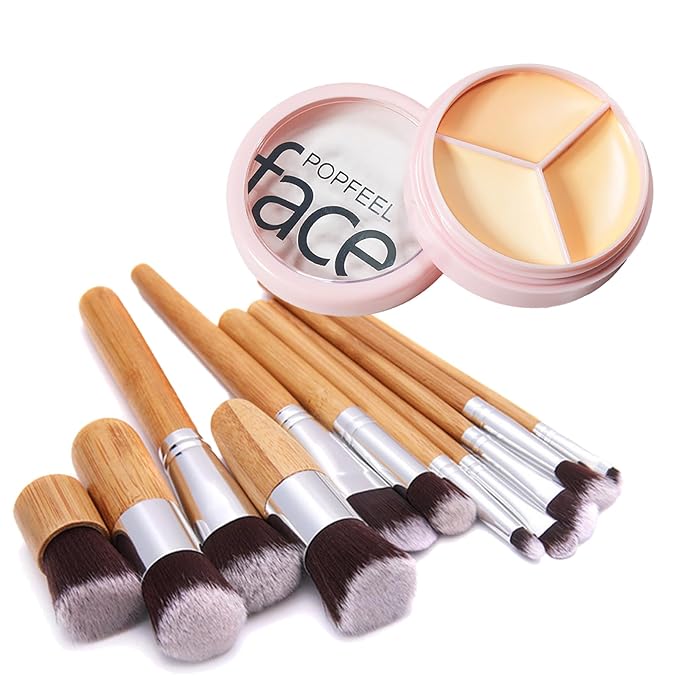 Concealer Cream Palette with 11 Pcs Premium Makeup Brush Set, 3 Color Waterproof Long-Lasting Full Face Cosmetics Cream Concealer Kit for Light Fair Skin, Women Birthday Makeup Gift Idea