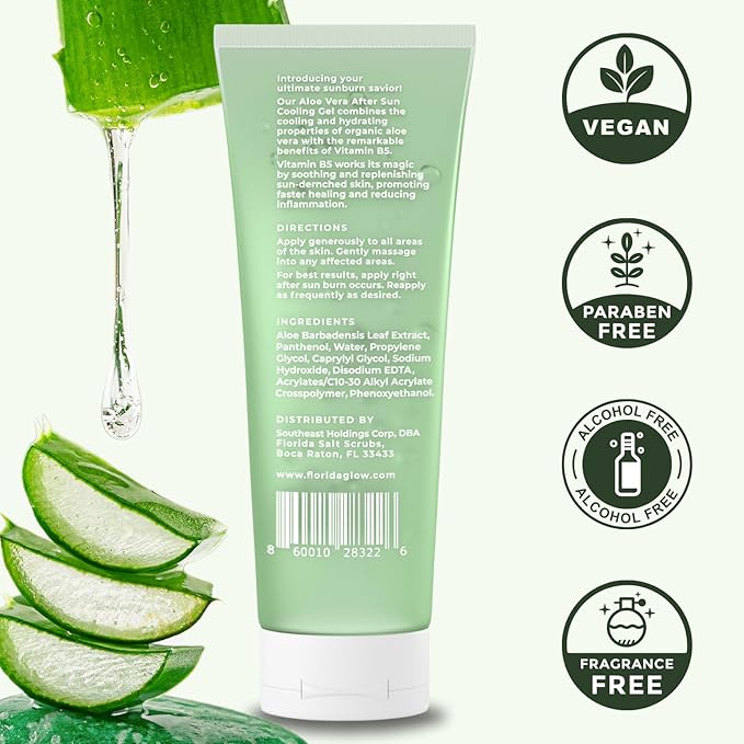 Aloe Vera After Sun Gel by Florida Glow - Organic Aloe Vera Gel for Sunburn Relief - 98% Pure Aloe Vera Moisturizer for Face, Skin - Enriched with Vitamin B5, Non-Sticky, Xanthan Free, Clear Gel