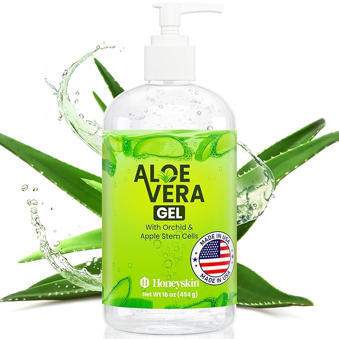 Honeyskin Organic Aloe Vera Gel for Face with Orchid & Apple Stem Cells - Soothing & Hydrating Aloe Gel for Sunburn Relief & After Sun Care - 100% Aloe Vera Gel for Hair, Face & Body (16 Fl Oz)