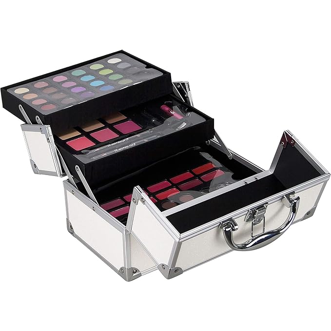 55pcs Makeup Gift Set Kit Train Case With Extendable Trays (eyeshadow, Blushes, Lipstick & More) - Vmk1304, White Glitter