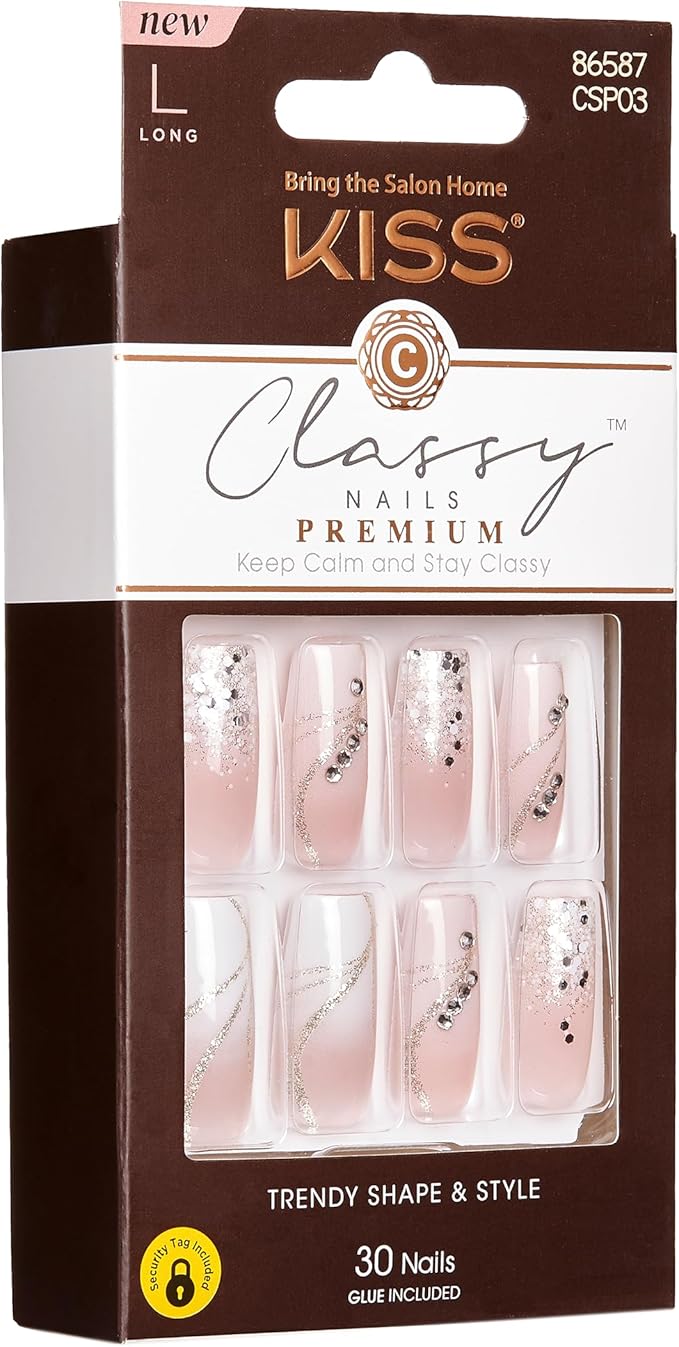 KISS Classy Premium Press On Nails, 'Stunning!', French, Long Length, Square Shape, Includes 30 Fake Nails, 2g Pink Gel Nail Glue, 1 Manicure Stick, 1 Mini File (Pack of 2)