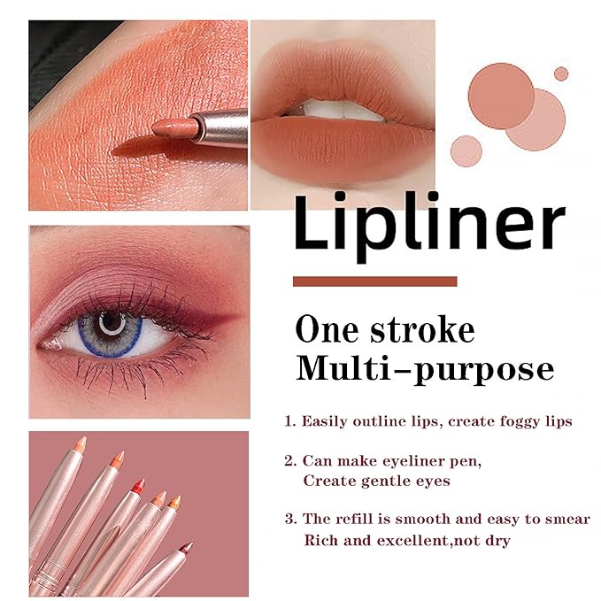 Lip Liner Set, 6 Colors Longwear and Pigmented Matte Lip Pencil Makeup, Smooth Application, Retractable Waterproof Lip Liner