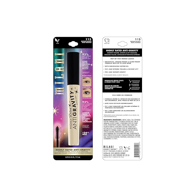 Milani Mascara Volume and Length, Highly Rated Anti-Gravity Black Shade with Castor Oil and Molded Hourglass Shaped Lash Coating Mascara Wand