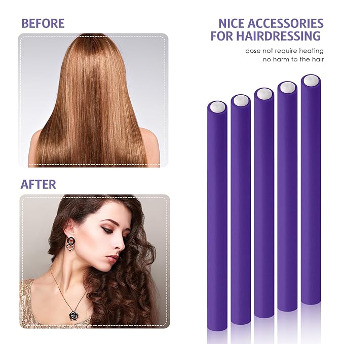 Syhood 30 Pcs 7'' Flexible Curling Rods Twist Foam Hair Rollers Soft Foam No Heat Hair Rods Rollers and 1 Steel Pintail Comb Rat Tail Comb for Women Long Short Hair(Purple,7 x 0.55 Inch)
