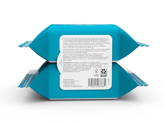 Amazon Basics Hydrating Makeup Remover Wipes, 50 wipes (Pack of 2)