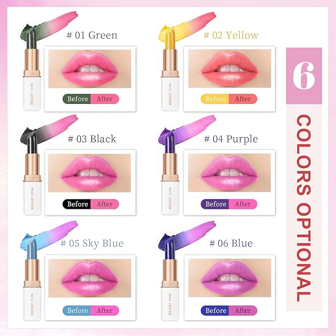 Color Changing Lipstick, 6-Colors Lip Stain Temperature Activated Vegan Formula, Magic Lipstick Long-Lasting, Nourishing, Cruelty-Free & Vegan #dark green