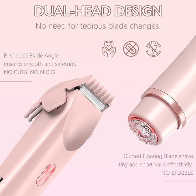 Bikini Trimmer for Women, 2 in 1 Dual-Head Electric Razors for Women Pubic Hair, Waterproof Wet/Dry Use Body Hair Trimmer Face Shaver, Rechargeable Hair Removal for Bikini Legs Face Underarm Arm Back