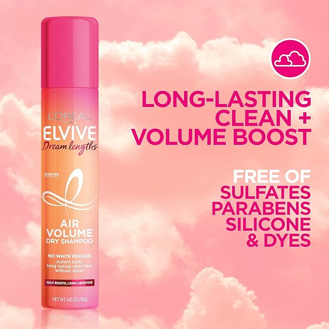 L'Oreal Paris Elvive Dream Lengths Air Volume Dry Shampoo Instantly Absorbs Oil, Long-Lasting Clean Feel, No White Residue, Instant Body, Sulfate, Paraben, Dye, Silicone Free Pack of 2, 8.32 oz