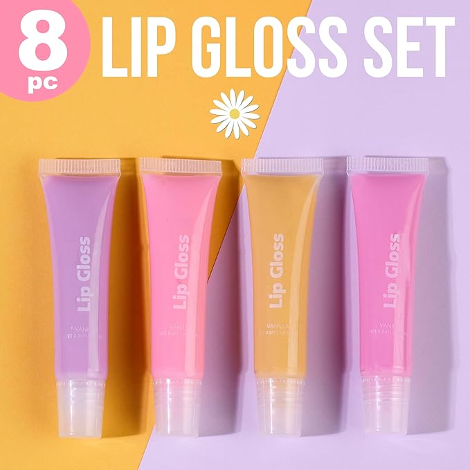 EXPRESSIONS 8pc Lip Gloss Set - Flavored Squeeze Tube Lip Glosses Value Pack, Daisy Lip Gloss in Assorted Fruity Flavors