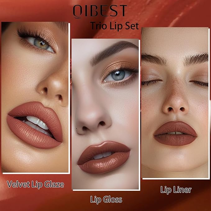 QiBest 3-in-1 Lipstick Set for Women & Teen Girls, Matte Liquid Lipstick + Lip Gloss + Gel Lip Liner Pencil Trio Lip Gift Kit for 24 Hours Long Lasting & Waterproof Lip Makeup (Whiskey Honey)