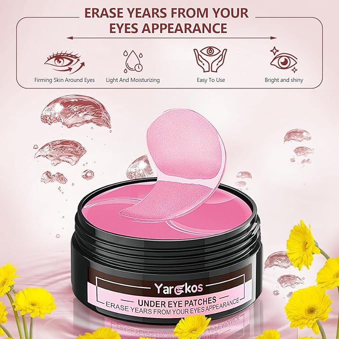 60 Pcs Pink Under Eye Patches with 5 Pieces Travel 24K Gold Eye Mask, 30 Pairs Undereye Mask for Dark Circles Puffy Eye Treatment, Collagen Gel Pads Hydrating for Eye Bag Puffiness Wrinkle