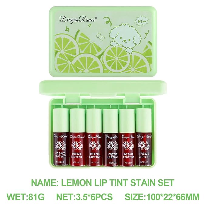6 Colors lemon Lip Tint Stain Set, Korean Velvet Lip Stain Lip Gloss Lip Tint Stain Mini Liquid Lipstick, Long lasting Waterproof Non-Stick Cup Multi-Use Lip and Cheek Tint, High Pigment, Vivid Color