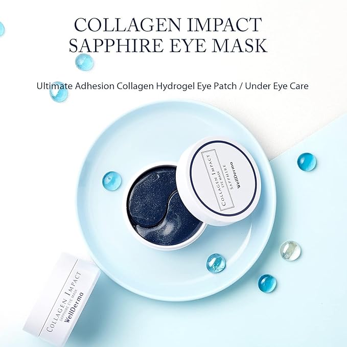 WELLDERMA Collagen Impact Sapphire Eye Mask 60 Sheets - NOURISHing ENRICHed Moisturizing Hydrogel Eye Patches Wrinkles Collagen, Under Eye for Dark Circles, Dry and Dull Skin