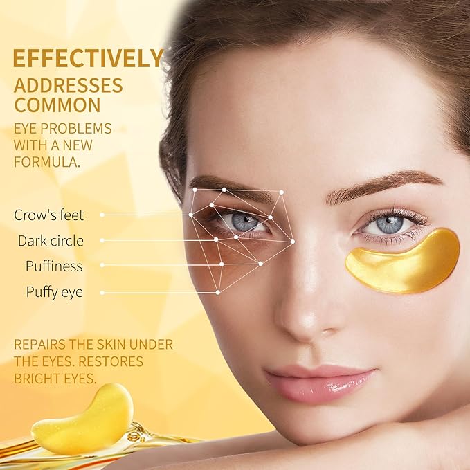 Under Eye Patches-24k Gold Eye Mask Pads - 60 Pieces, Collagen Hyaluronic Acid Eye Mask, Anti-Aging, Reduce Dark Circles, Puffiness and Wrinkles, For Men and Women