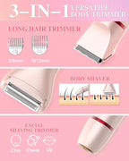 Bikini Trimmer for Women Pubic Hair: 3 in 1 Rechargeable Electric Razors with LED Display, IPX6 Waterproof Shaver for Underarm, Leg, Arm & Body (Pink)