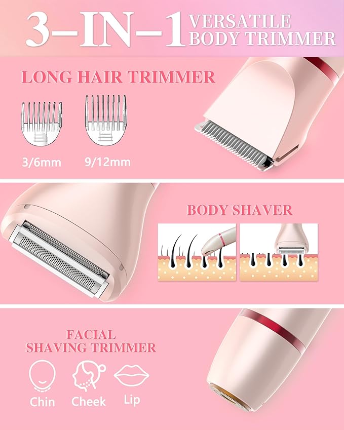 Bikini Trimmer for Women Pubic Hair: 3 in 1 Rechargeable Electric Razors with LED Display, IPX6 Waterproof Shaver for Underarm, Leg, Arm & Body (Pink)