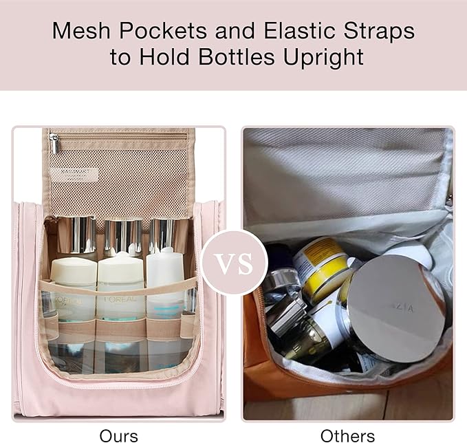 BAGSMART Toiletry Bag for Women, Travel Toiletry Organizer with hanging hook, Water-resistant Cosmetic Makeup Bag Travel Organizer for Shampoo, Full-size Container, Toiletries, Pink-Medium