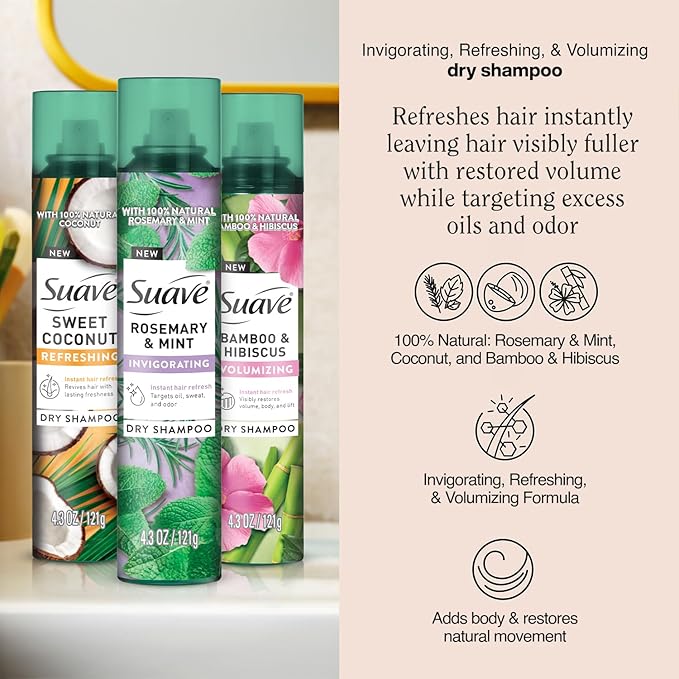 Suave+ Dry Shampoo Spray Variety 3-Pack – Invigorating Rosemary & Mint, Volumizing Bamboo & Hibiscus + Refreshing Sweet Coconut, 4.3 Oz Ea