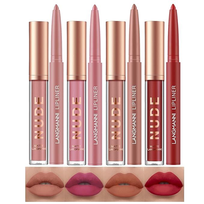 LANGMANNI 4pcs Matte Lipstick with Lipliners Durable Makeup Set,Long-Lasting Non-Stick Cup Not Fade Waterproof Pigmented Velvet Lipgloss Kit Beauty Cosmetics Makeup Gift for Girls(#9+10+11+12)
