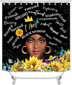 4PCS African American Black Girl Shower Curtain Sets with Rugs, Black Shower Curtain, Afro Black Woman Sunflower Bathroom Decor, Non-Slip Bath Mat, Motivational Inspirational Gifts for Women