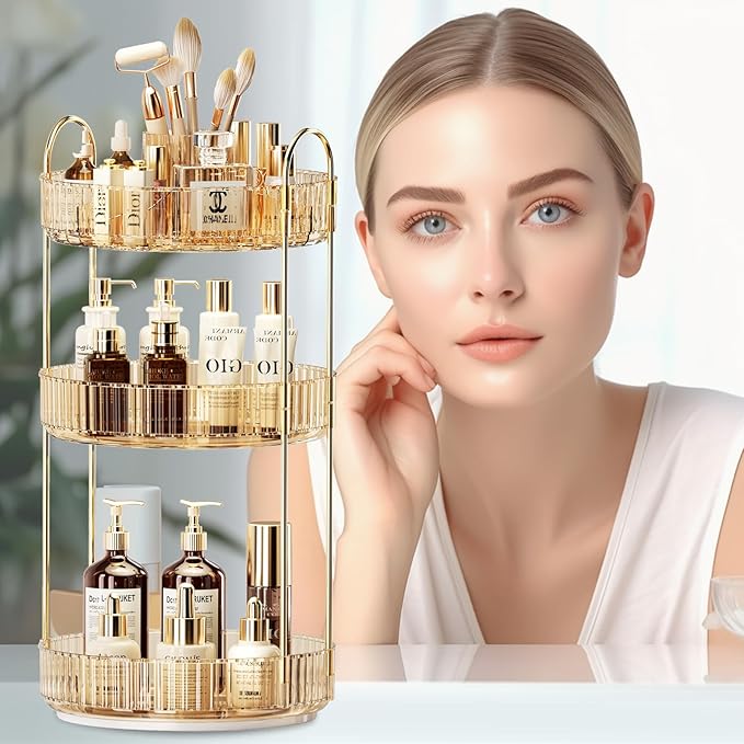 360° Rotating Makeup Organizer, Large-Capacity Skincare Make Up Storage 3 Tier Perfume Organizers Cosmetic Dresser Organizer with Makeup Brush Holder, Fits Bedroom, Bathroom, Vanity Shelf Countertop