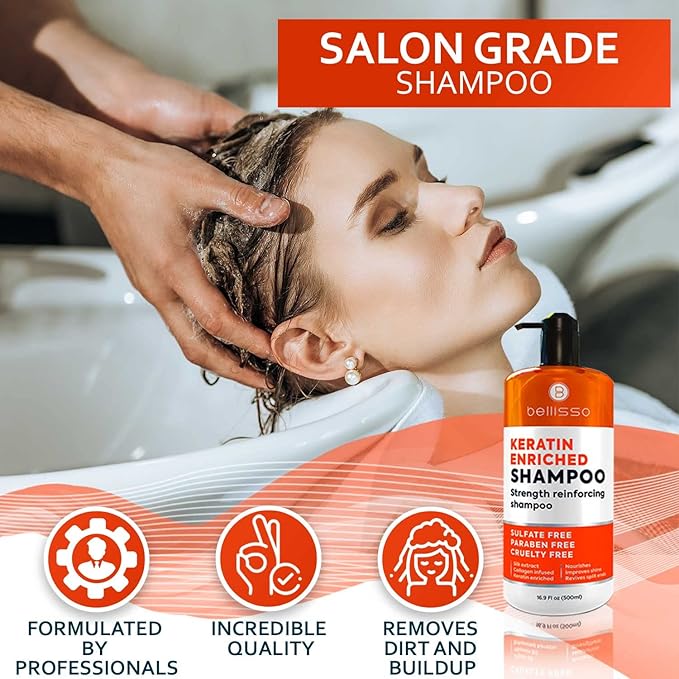 Keratin Enriched Shampoo - Sulfate and Paraben Free - Anti Frizz Treatment for Women and Men – Professional Salon Grade Repair Formula with Silk Protein for Dry, Frizzy Damaged and Color Treated Hair