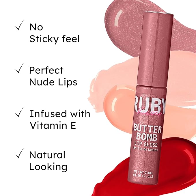 Ruby Kisses Lip Gloss Butter Bomb Gloss Non-Sticky Lip Gloss Vitamin E Natural Nude Lip Makeup - 7.8mL (0.26 US fl.oz) (Pillowtalk)