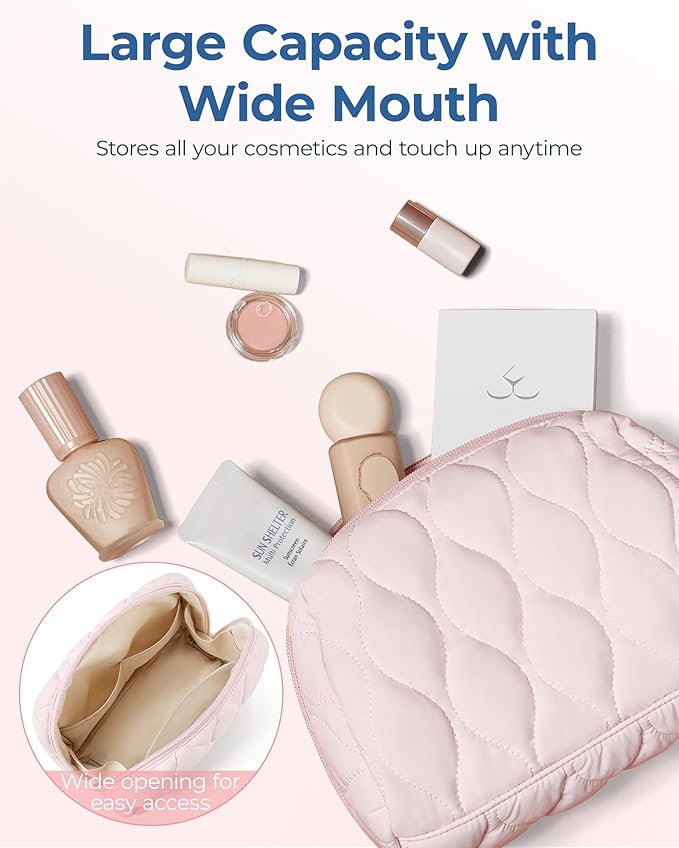 BAGSMART Makeup Bag, Travel Cosmetic Bag, Puffy Padded Make Up Bag for Women, Makeup Organizer Case, Wide-open Pouch Purse, Travel Essentials, Toiletries Accessories Brushes, Dark Pink