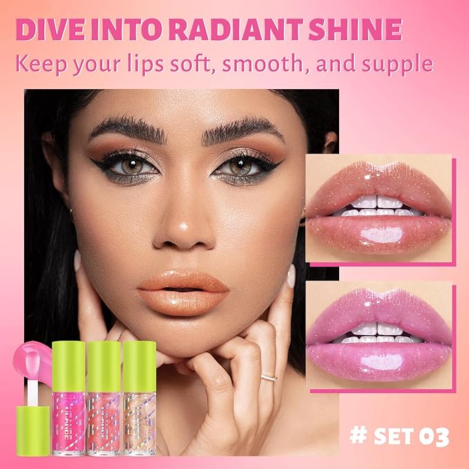 UCANBE 3 Color Shimmery Lip Oil Gloss - Luxurious Radiant Hydrating Tinted Lip Glow (Coral/Gold/Raspberry), Non-Sticky Shiny Lip Plumper Top Gloss for All-Day Wear and Comfort
