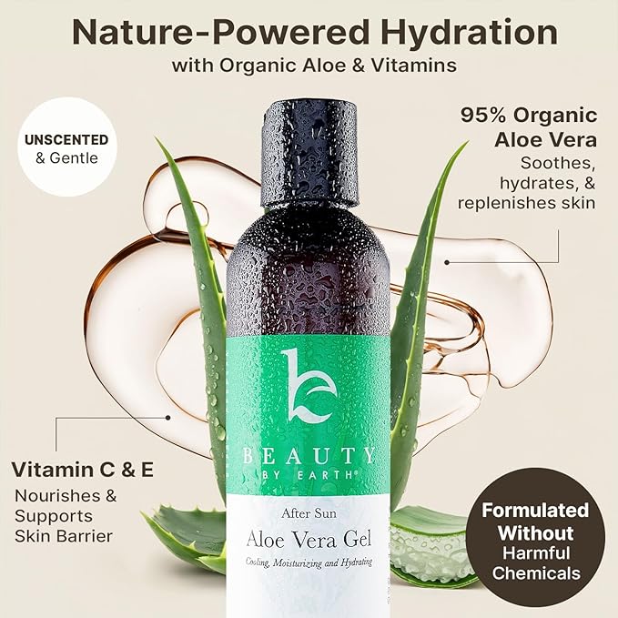 Beauty by Earth Aloe Vera Gel - USA Made with Natural & Organic Ingredients, Pure Aloe Vera Plant Gel for Face Mask, Hair & Skin with Vitamin C & E, Soothing and Cooling for Sunburn & After Sun Care