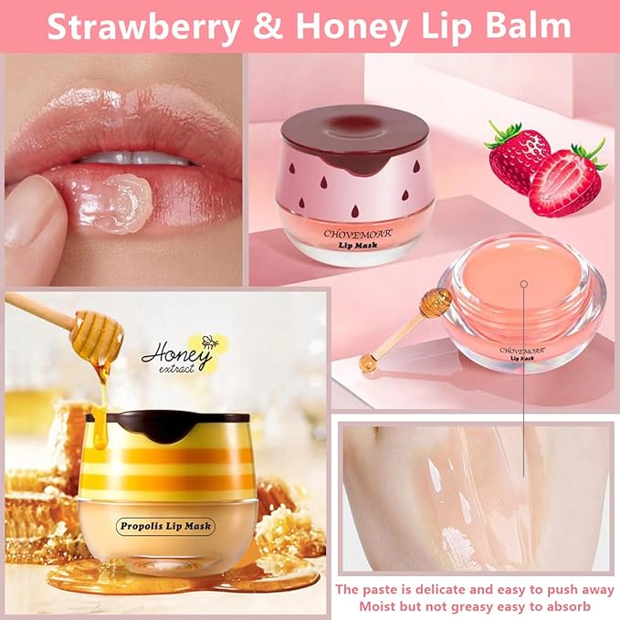 4 Pcs Honey Lip Balm, Strawberry Apple Watermelon Lip Mask, Moisturizing Lip Sleeping Mask, Hydrate Repair Prevent Dry Cracked Lip (Honey+Strawberry+Apple Lime+Watermelon)