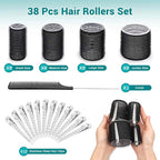 Acejoz Hair Rollers for Blowout Look, 38 Pcs Self Grip Hair Rollers Set with 4 Sizes, 12 Pcs Hair Clips, Comb and Storage Bag for Hair Volume (Black)